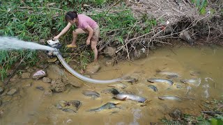 Wild Fishing Exciting, Modern technology catch fish With a Large Pump Sucks Water Out Of Wild Lake