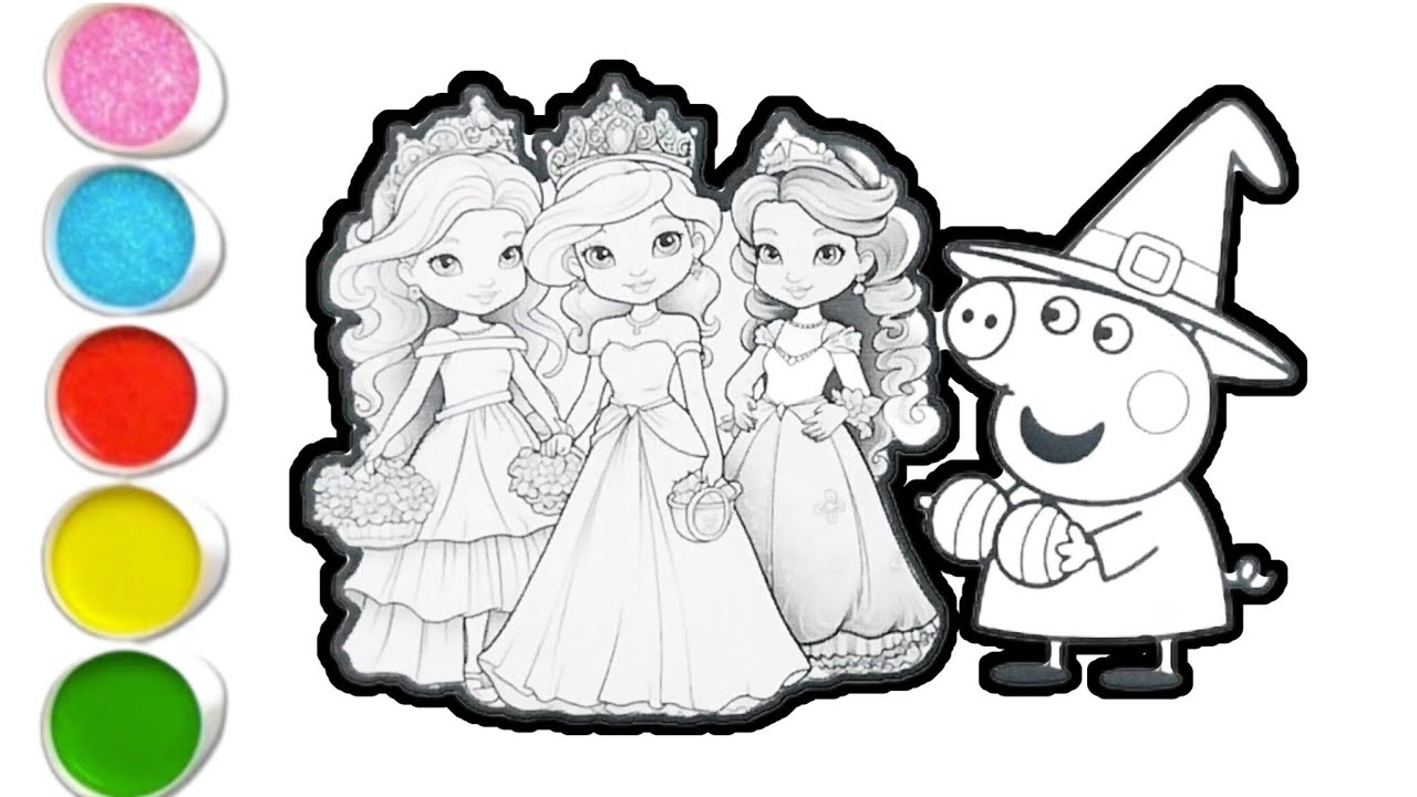 Peppa pig With Princess Drawing Painting & Colouring For kids & Toddlers ll Easy Kids Drawing 