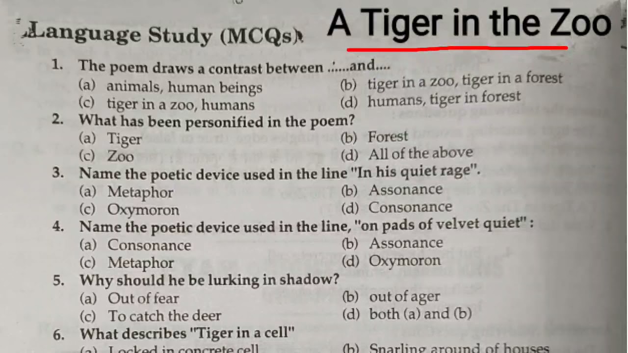 A Tiger in the Zoo Mcq Class 10th Mcq of A Tiger in the Zoo A Tiger