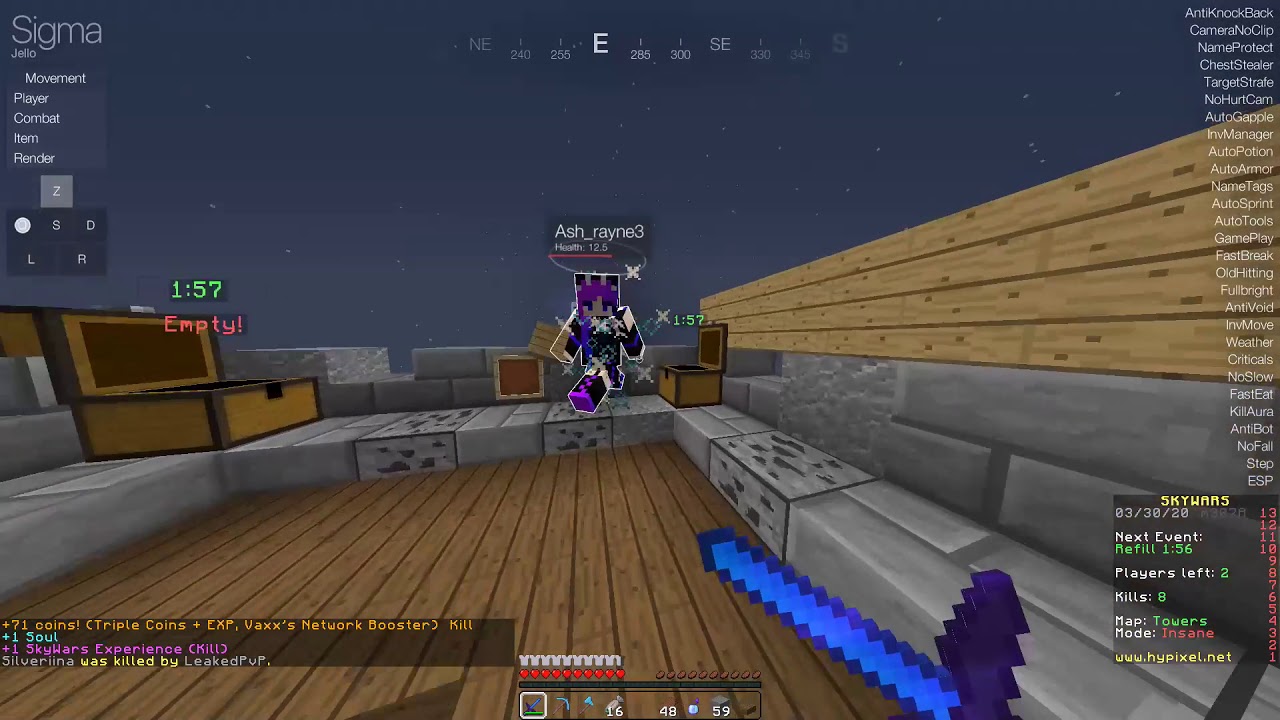 Hacking on hypixel for 10 mins with SIGMA 5.0 (Fast fly, nofall, longjump & more)