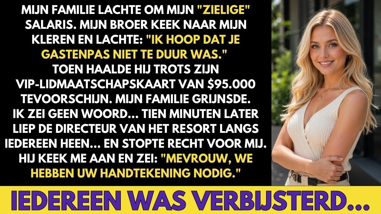 “Ik hoop dat de gastenpas niet te duur was,” grapte mijn broer, terwijl hij zijn zwarte lidmaatschapskaart van €95.000 liet zien en neerkeek op het jasje dat ik al drie jaar droeg. Mijn ouders...