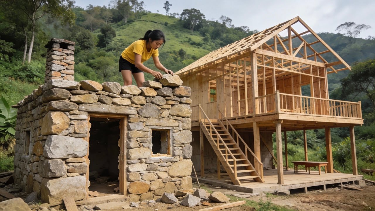 The woman built a wooden house and a stone kitchen; you'll be amazed at her achievement