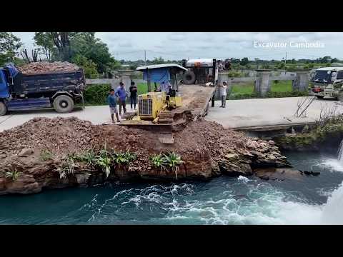 Hello ! Bulldozer And Team Work Dump Trucks 5Ton Unloading Soil filling Up Project Mix ,