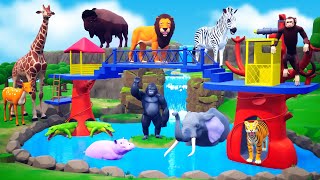 3D Bande Dessinée Jungle sauvage animal arbre pont lion Girafe