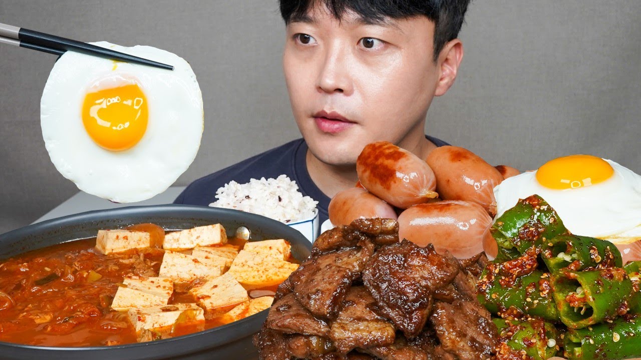 [와차밥] 참치김치찌개 돼지갈비 비엔나소시지 계란후라이 고추된장무침 요리 먹방 Kimchi Jjigae & Galbi & Sausage  ASMR MUKBANG EATING
