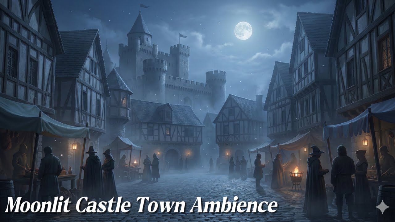Moonlit Castle Town Ambience | Medieval Fantasy Night Market | (1 Hour)