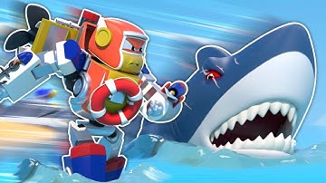 🦈SHARKS ATTACK!🦈 Super ROBOT BOAT to the rescue! - Robot Transformation Cartoons for Kids
