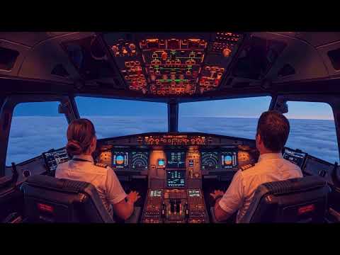 Airplane cockpit at dusk
