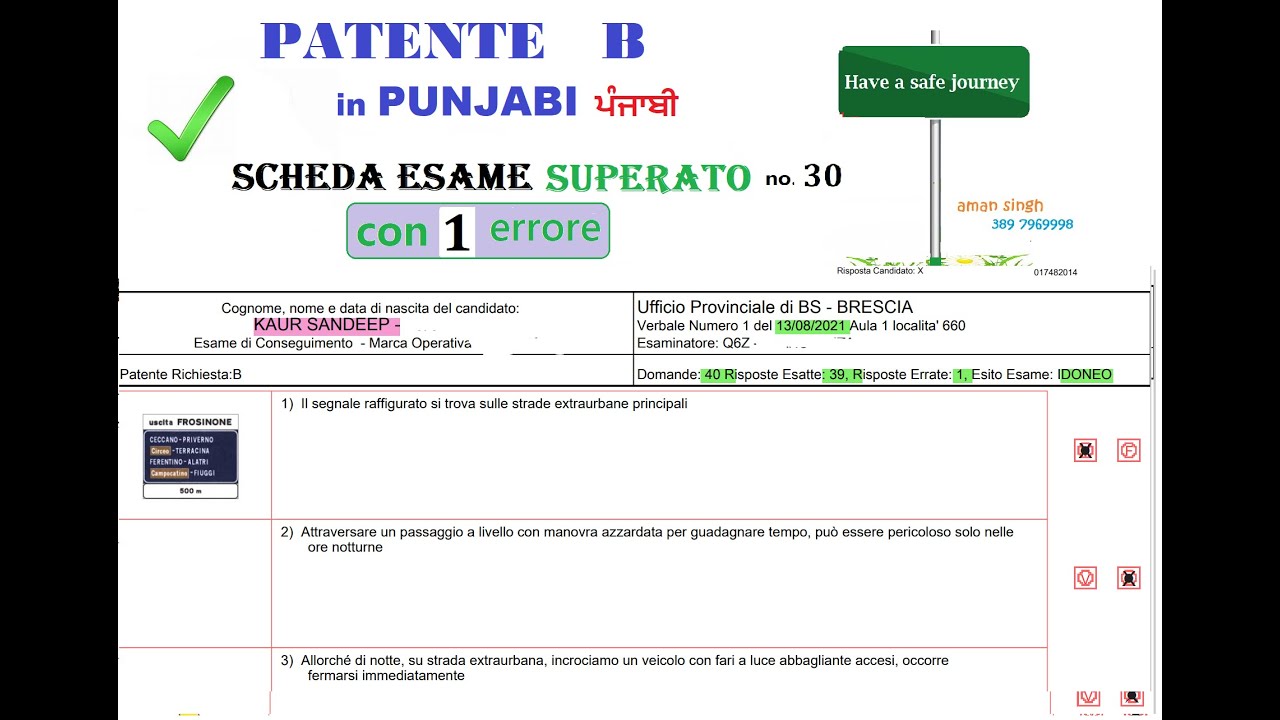 Patente B punjabi  Scheda Esame SUPERATO con 1 ERRORE di KAUR SANDEEP del 13. 08.2021