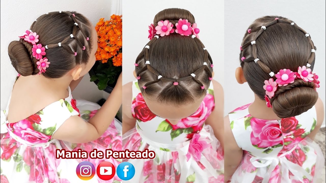 Penteado infantil com coque bailarina e amarração com liguinhas, SUPER  FÁCIL!!! 