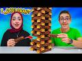 تحدي الجينغا بالأكل نودلز شوكولاتة عصير 