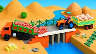 DIY Mini Truck Builds Brick \& Metal Railing Bridge | Fun Construction Science Project#3