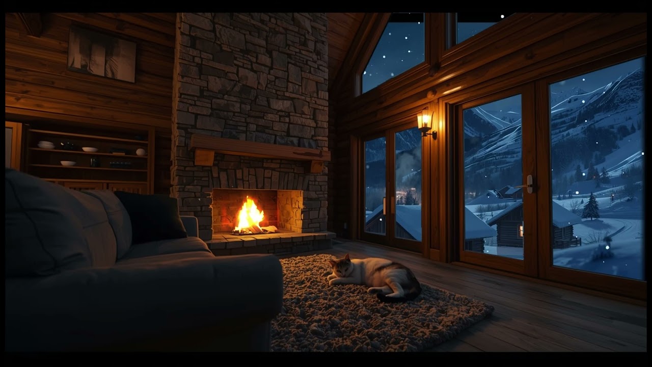 Cozy Winter Night Ambience with Fireplace & Sleeping Cat (Snow Outside)