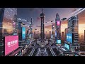 cinematic video featuring a futuristic city at sunset with audio. 