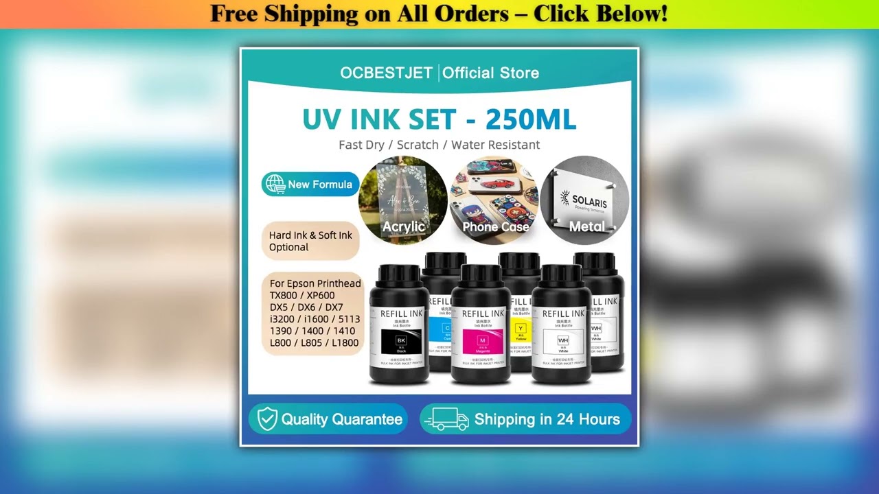 6Colors/Set 250ML UV Ink UV Curing Ink For Epson XP600 TX800 L800 L805 L1800 1390 R1390 1400 DX5
