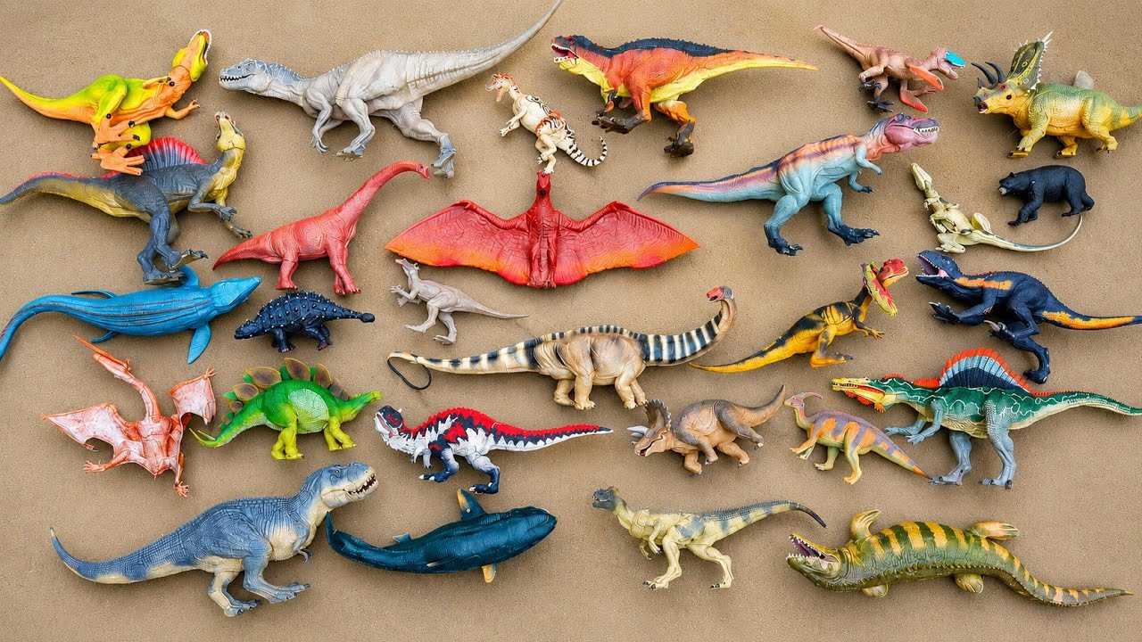 Dinosaurus Jurassic World Dominion: T-rex, Brachiosaurus, Mosasaurus, Triceratops, Giganotosaurus.