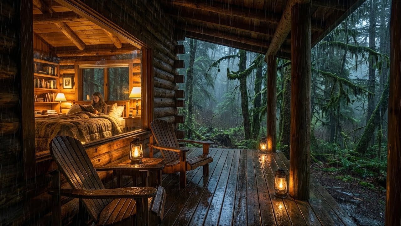 Total Peace: Rain on Wood Deck & Piano in Cozy Cabin Bedroom for Deep Sleep and Rest 💤