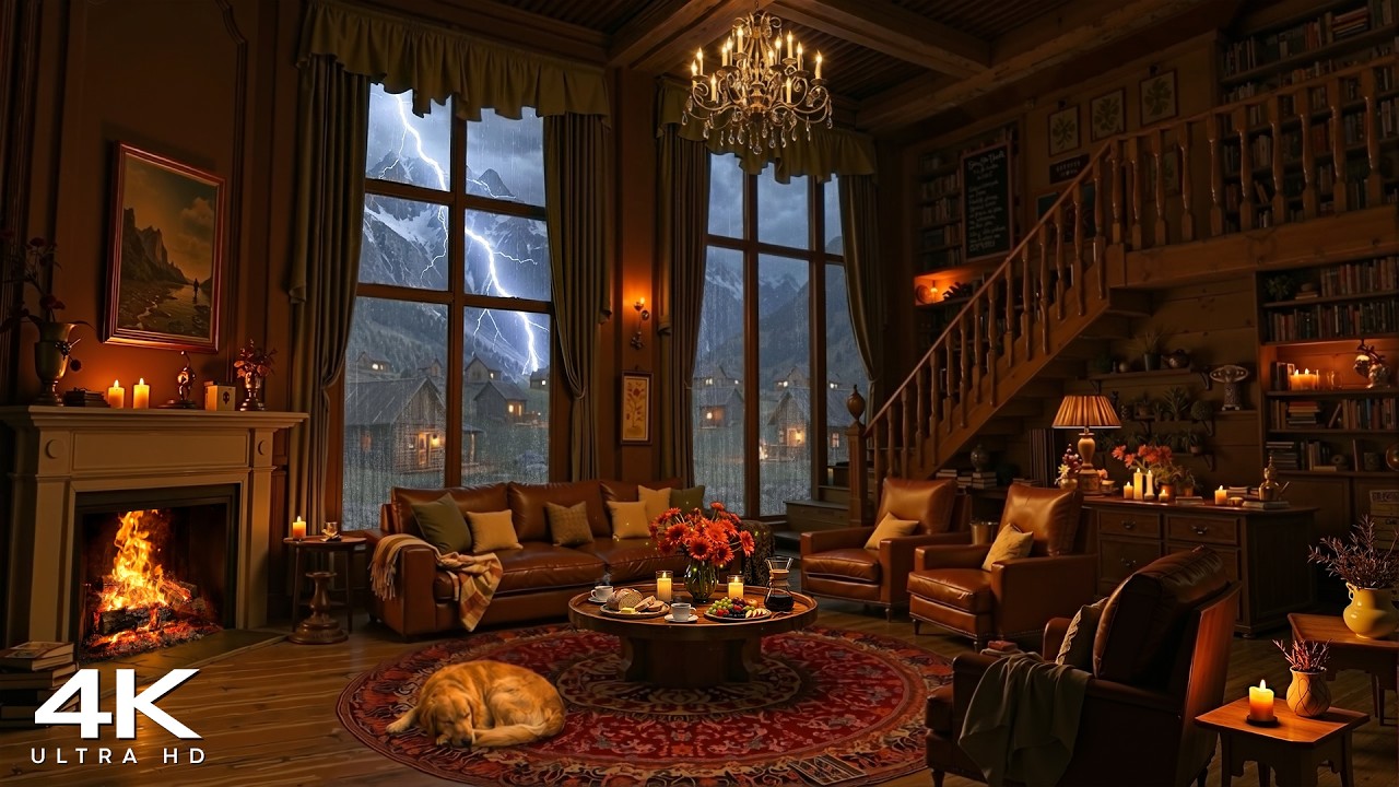 [4K] Relaxing Piano Jazz in Cozy Mountain Cabin 🌧️ Thunderstorm ...
