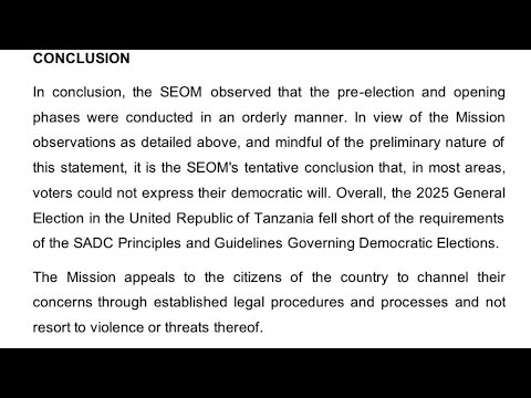 SADC Observer Mission Says Tanzania Elections Fell Short Of The SADC Principles And Guidelines SADC Observer Mission Says Tanzania Elections Fell Short Of The SADC Principles And Guidelines