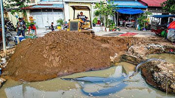 Wonderful New Project Mix! Using Skill Dozer Filling Sand Into Flooded Garbage Area with 5Ton Truck