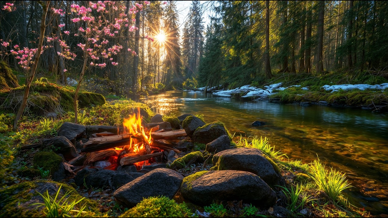 Winter-Spring Forest Sunrise by the River 🔥 Gentle Campfire Sounds, Flowing Water and Morning Birds