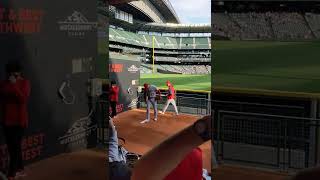 Shohei Ohtani begins his pregame warmup before his start against the Mariners at T-Mobile Park