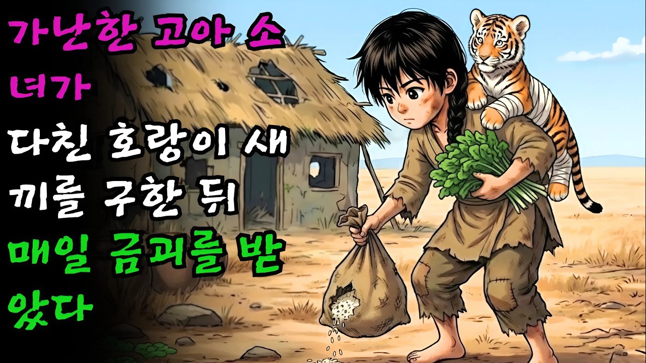 가난한 고아 소녀가 다친 호랑이 새끼를 어깨에 업고 데려와 돌본 뒤로, 그날 이후로는 매일 아침 잠에서 깨어나면 침대 머리맡에 금괴 한 개가 놓여 있었다