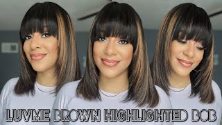 LuvMe Hair Brown Highlighted Yaki Straight Bob Unit With Bangs | Put On And Go