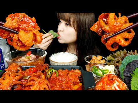 ASMR (COOKING & EATING) GOCHUJANG OCTOPUS PORK BULGOGI + BEAN SPROUTS SQUID SOUP. MUKBANG