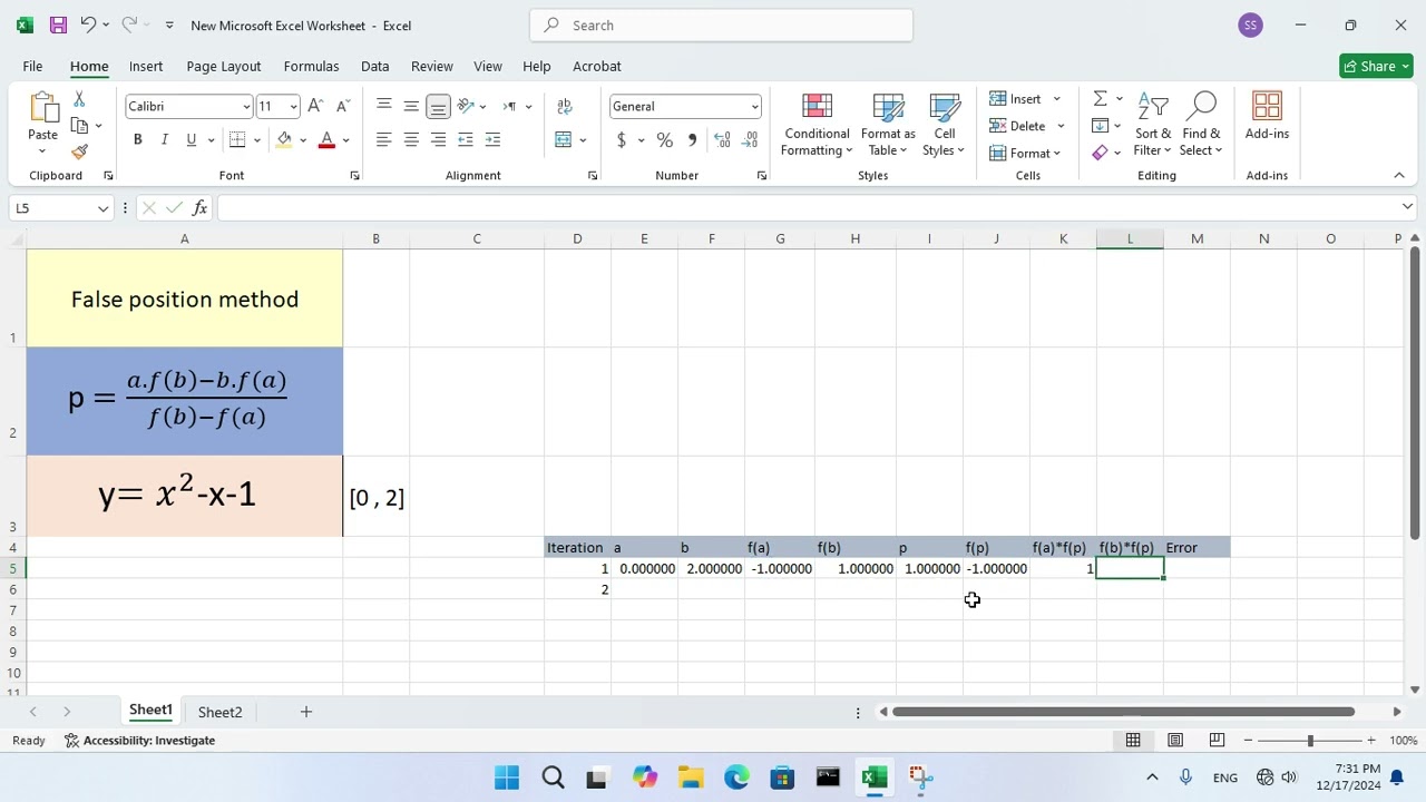 " false position method " with " microsoft exel "