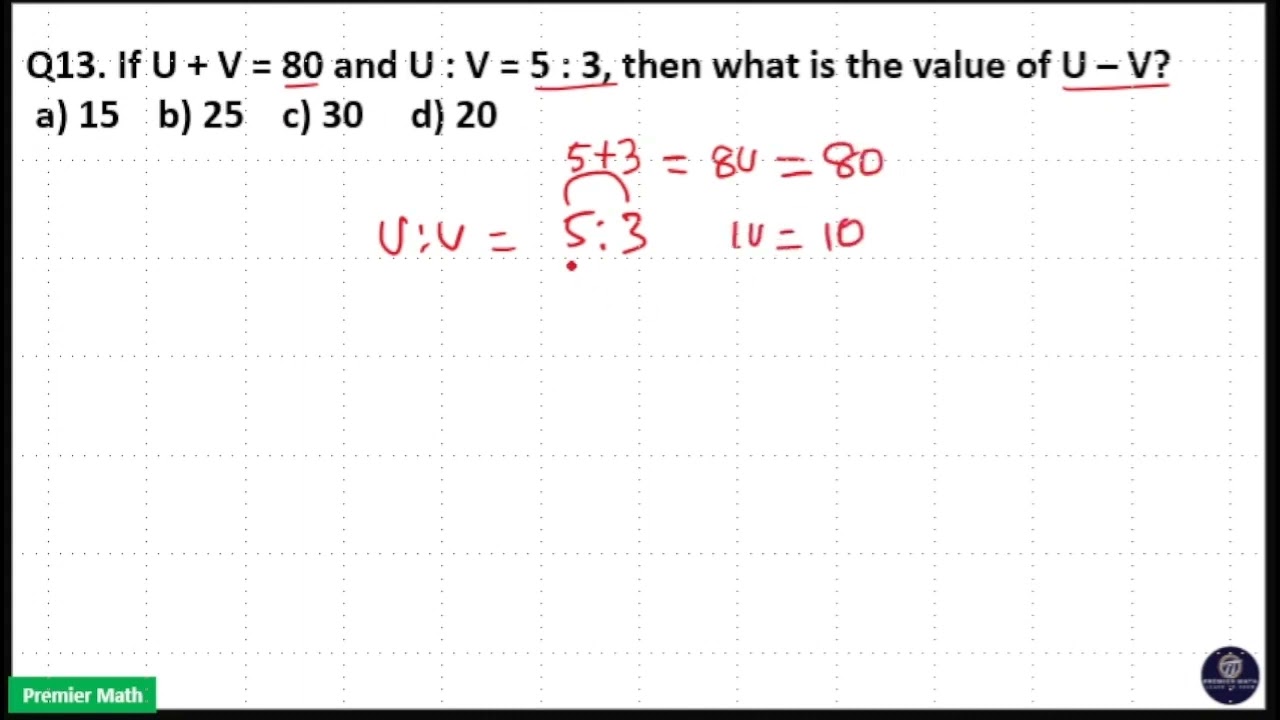 If U + V = 80 and U : V = 5 : 3, then what is the value of U – V?