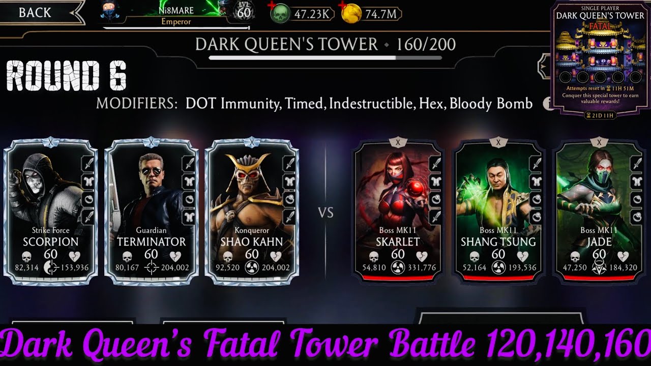 Dark Queen’s Fatal Tower Bosses Battle 120,140,160 + Hard Battle 124,145 Fight + Reward | MK Mobile