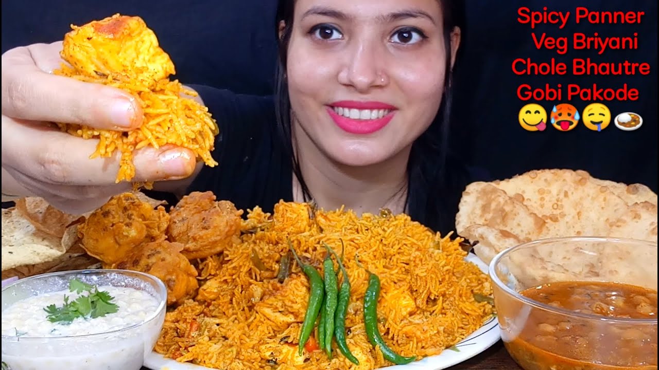 Eating Spicy Paneer Veg briyani, Chole Bhature, Gobi Pakoda, Riata | Huge indian food eating mukbang