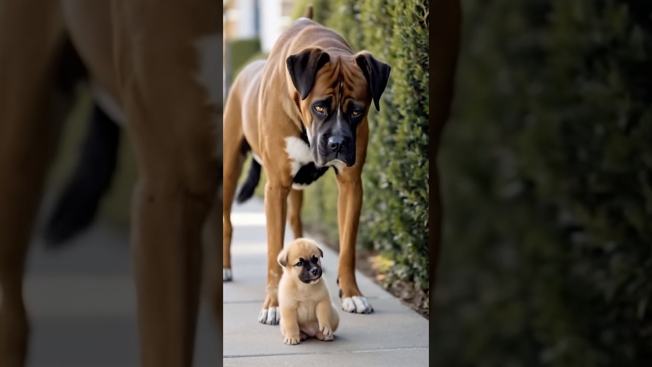 Perro boxer cuida a un pequeño cachorro