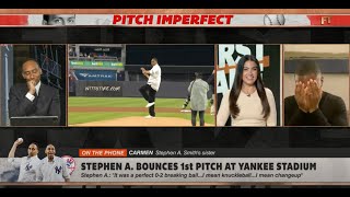 Stephen A.'s sister gives him a few POINTERS after his 1st pitch  | First Take