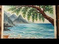 How to Draw a Beautiful Beach Scenery with Tree | Step by Step Landscape Painting | Hard Oil pastels