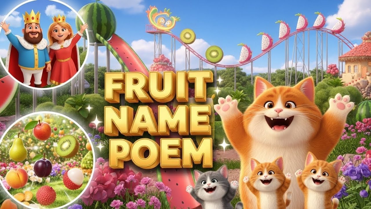 Fruits Name Poem Part 2 🥭🍇🍎| Fruits Name Learning For Toddlers | Cats Animation | Fun Learning 🍓🍐🍎 
