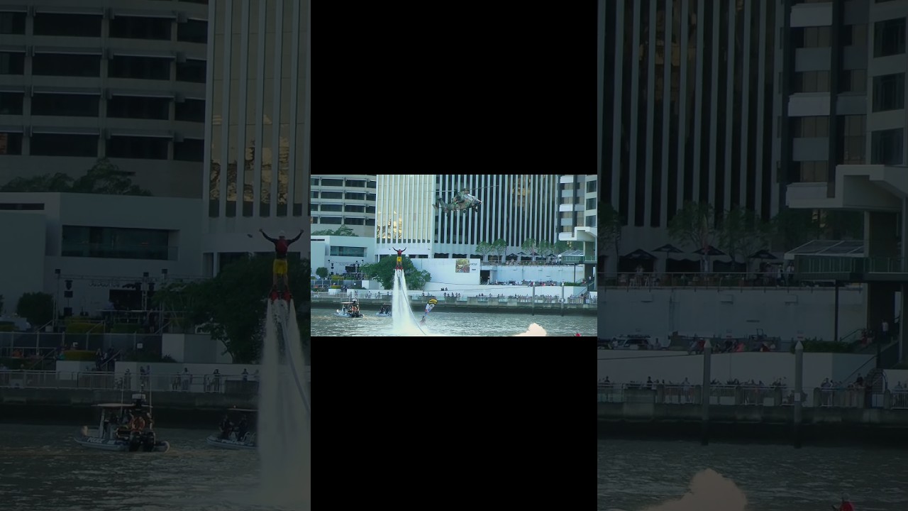 Apache helicopter and Flyboarder giving high fives 