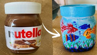 Empty Nutella jar painting || bestoutofwaste ideas || easy glass jar painting ideas