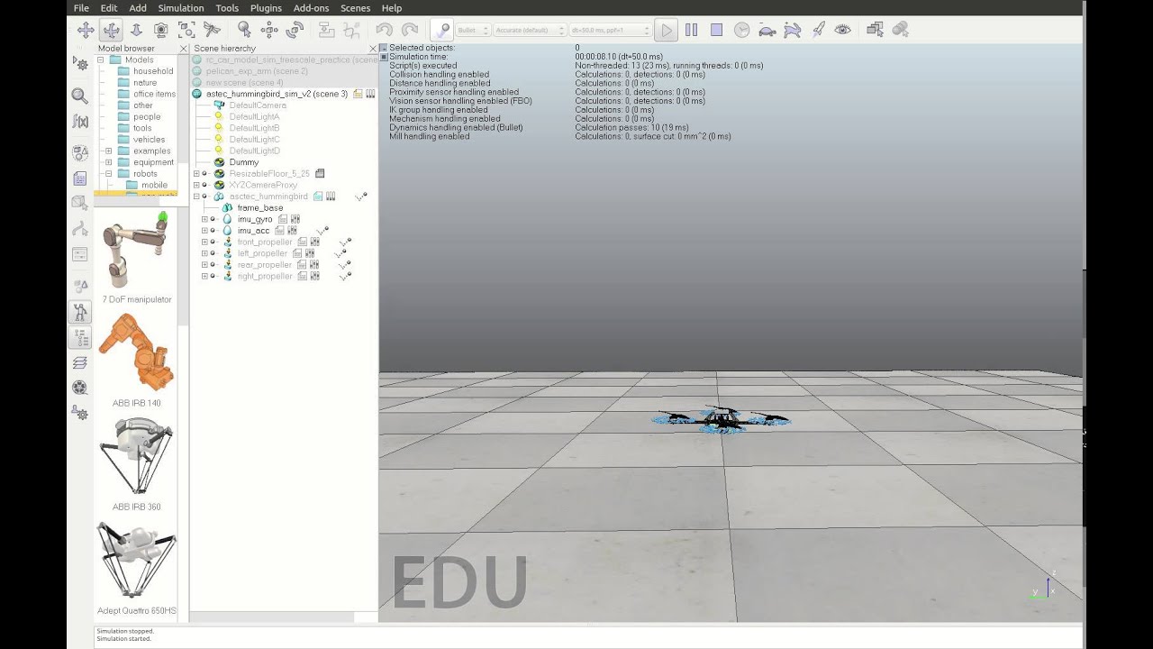 AscTec Hummingbird Quadrotor Simulation using V-REP