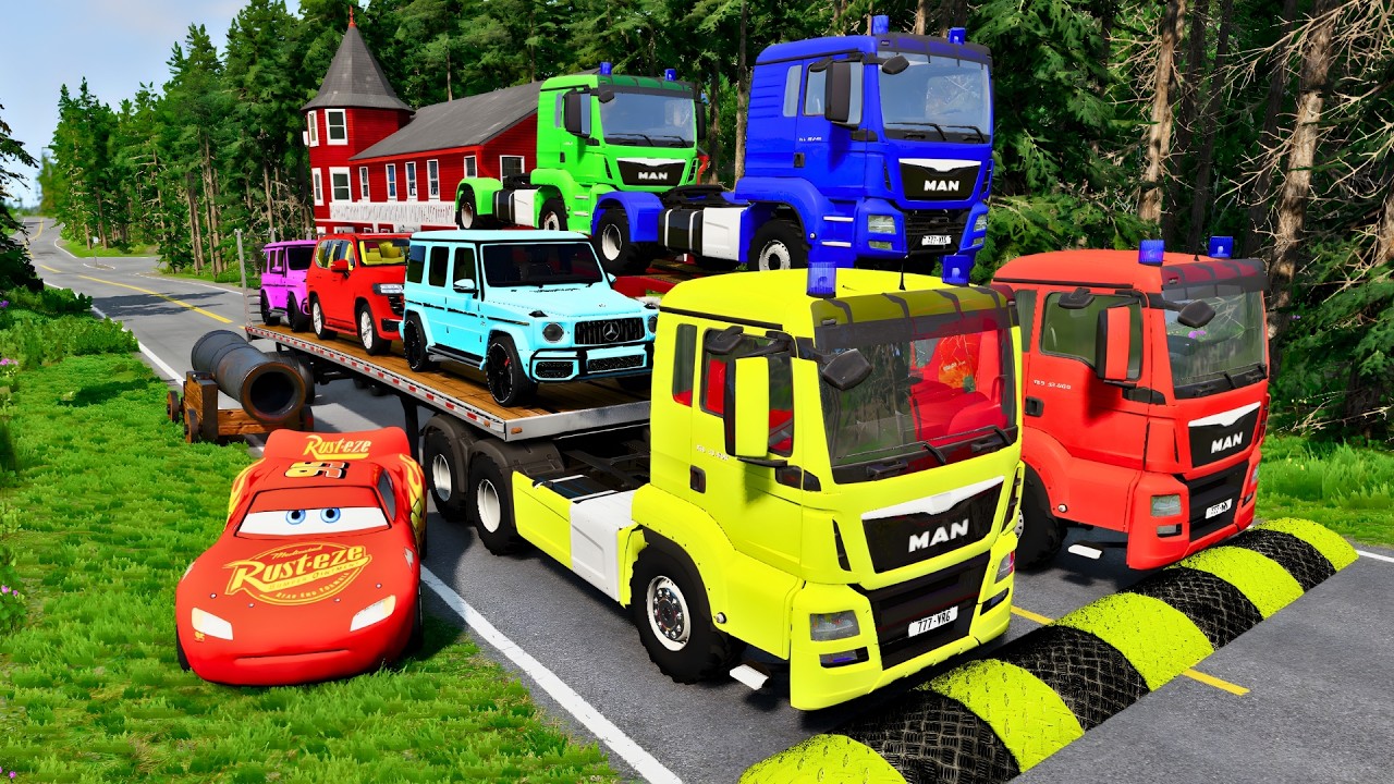 TRANSPORTING PIXAR CARS & FRUITS WITH COLORED & JOHN DEERE vs CLAAS vs TRACTORS - BeamNG.drive #982