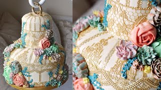 Vintage Terrarium Birdcage Cake with buttercream succulents - cake decorating tutorial - it hangs!
