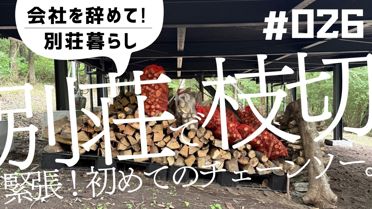 【会社を辞めて！別荘暮らし】熊に注意しながら、別荘の軒下で冬用に貯めていた枝の整理整頓。我が家にマキタのチェーンソーが来ました！最後はおまけ映像も😊