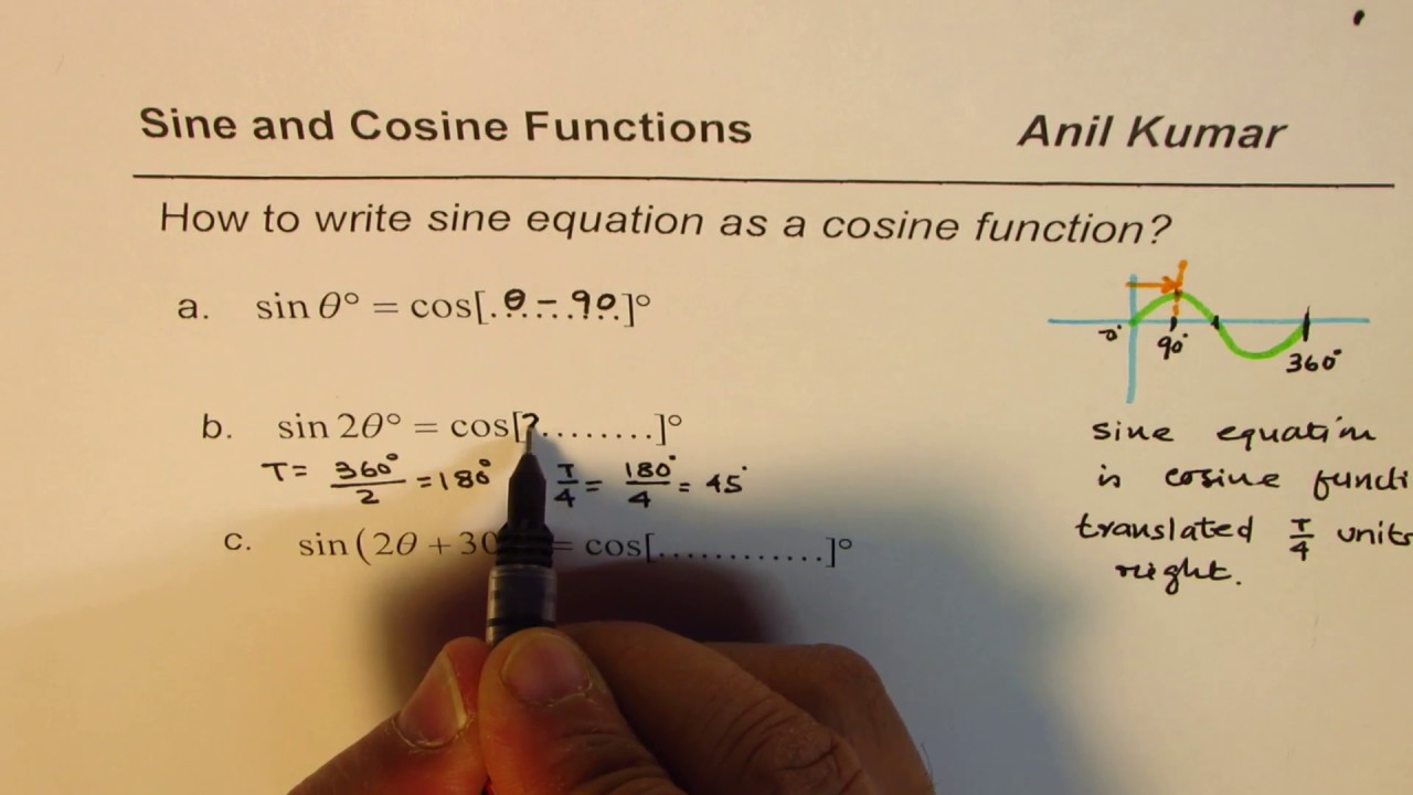 How to write sine equation as cosine function