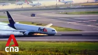 FedEx Airlines Boeing 767 cargo plane lands on nose at Istanbul Airport