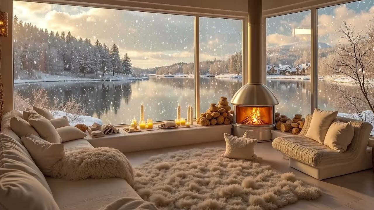 Snowfall by a Cozy Lakeside Cabin | Gentle Piano & Fireplace Crackles for Calm Focus