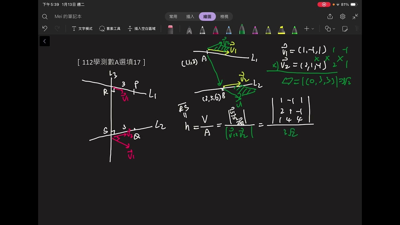 ［112學測數A選填17］坐標空間中有兩不相交直線 L1，t 為實數、L2，s 為實數，另一直線 L3 與 L1、L2 皆相交且垂直。若 P、Q 兩點分別在 L1、L2 上且與 L3 之距離皆為 3，
