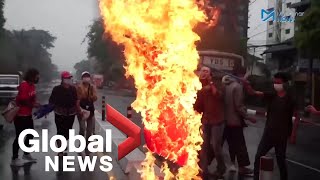 Myanmar protests: Demonstrators burn tires, Chinese flag as military continues crackdowns