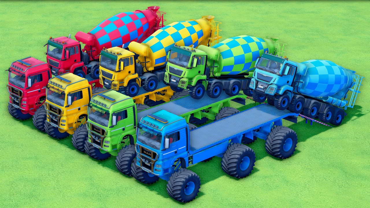 MONSTER FLATBED TRUCK LONG CONVOY TRANSPORT OF COLORS! ALL  MIXER TRUCKS, CHEVROLET, MAN, DAF - FS25