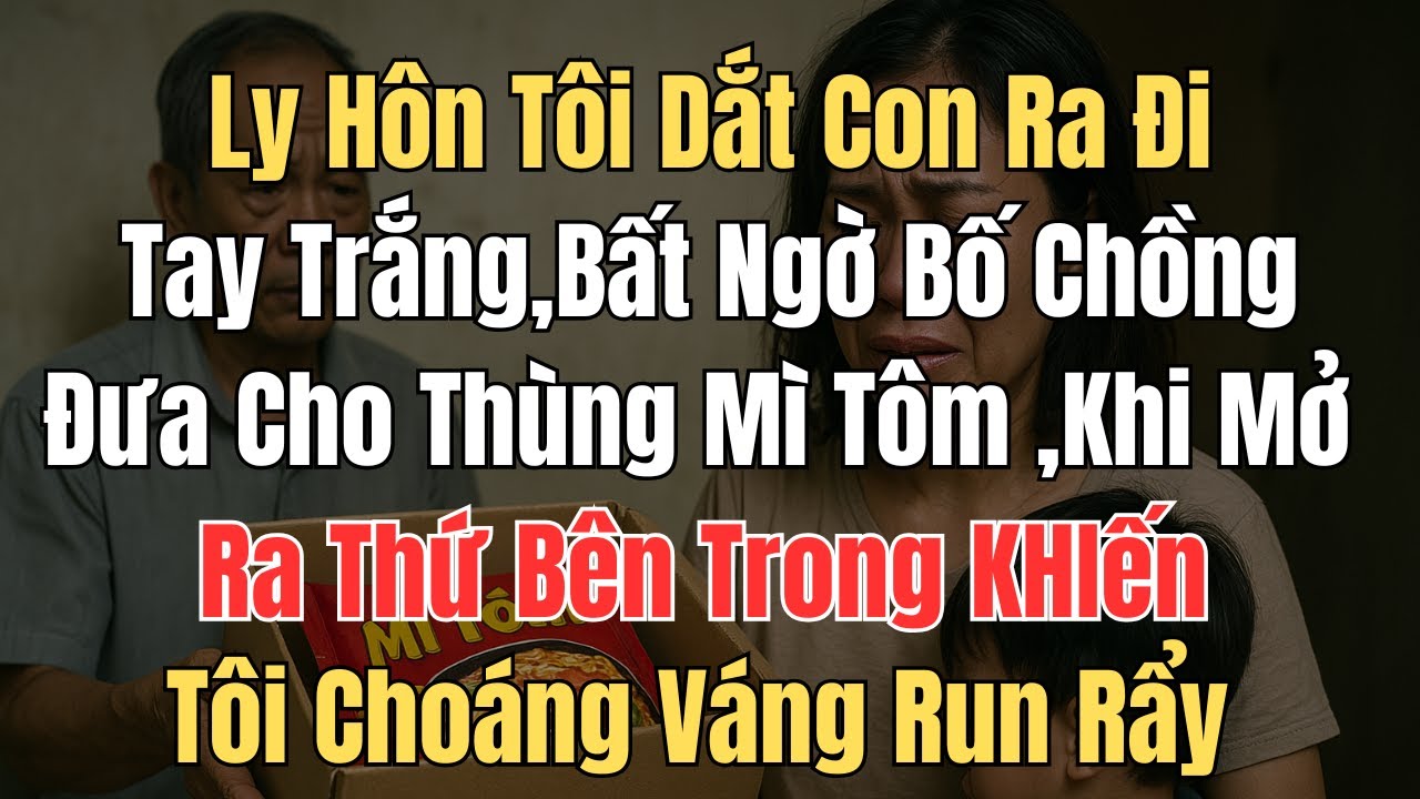 Ly hôn ,tôi dắt con ra đi tay trắng thì bố chồng đưa cho thùng mỳ tôm ,khi mở ra tôi run rẩy